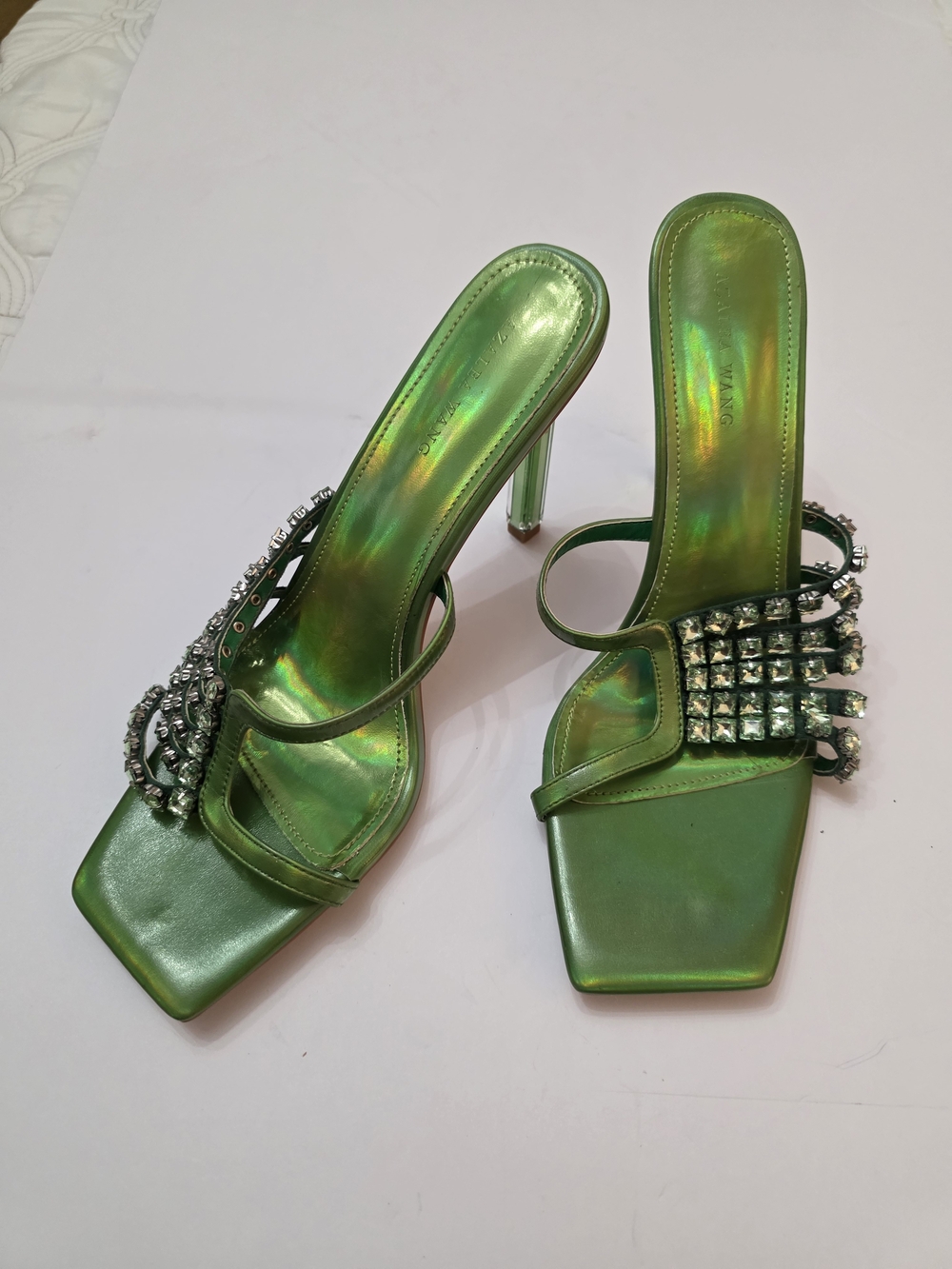 Green Jeweled Strap Women's Heeled Sandals
